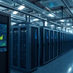 High-performance bitcoin mining operation showcasing advanced ASIC miners and live analytics.
