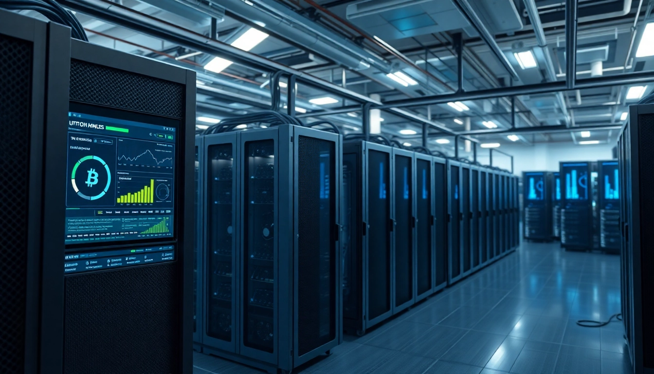 High-performance bitcoin mining operation showcasing advanced ASIC miners and live analytics.