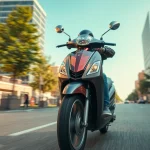 Roller 50ccm kaufen mit glänzendem Design in einer urbanen Umgebung und im Fokus.