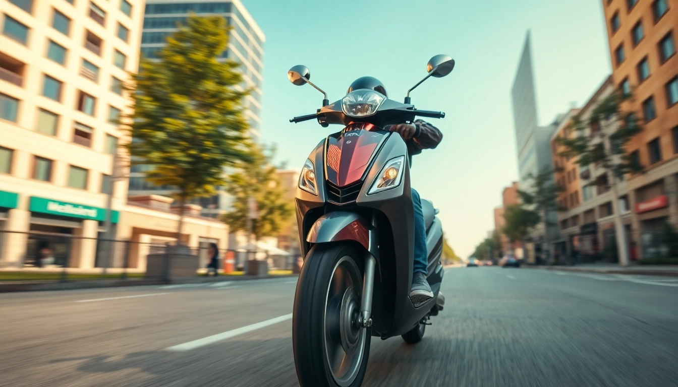 Roller 50ccm kaufen mit glänzendem Design in einer urbanen Umgebung und im Fokus.