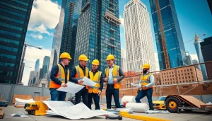 Engaged professionals at a construction site for Manhattan General Contractor project, showcasing teamwork.