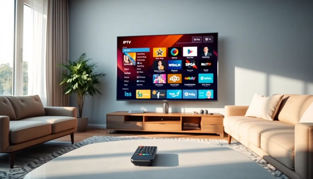 Iron IPTV setup with a modern TV displaying channels in a cozy living room.