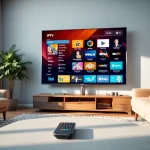 Iron IPTV setup with a modern TV displaying channels in a cozy living room.