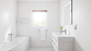 Stylish sonni Spiegelschrank in a modern bathroom with integrated lighting features.