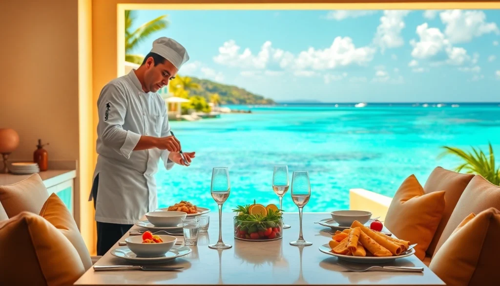 Sint Maarten private chef creating a gourmet meal with a seaside view in a luxurious villa.