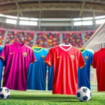Shop vibrant discount football shirts on display in an exciting soccer atmosphere.