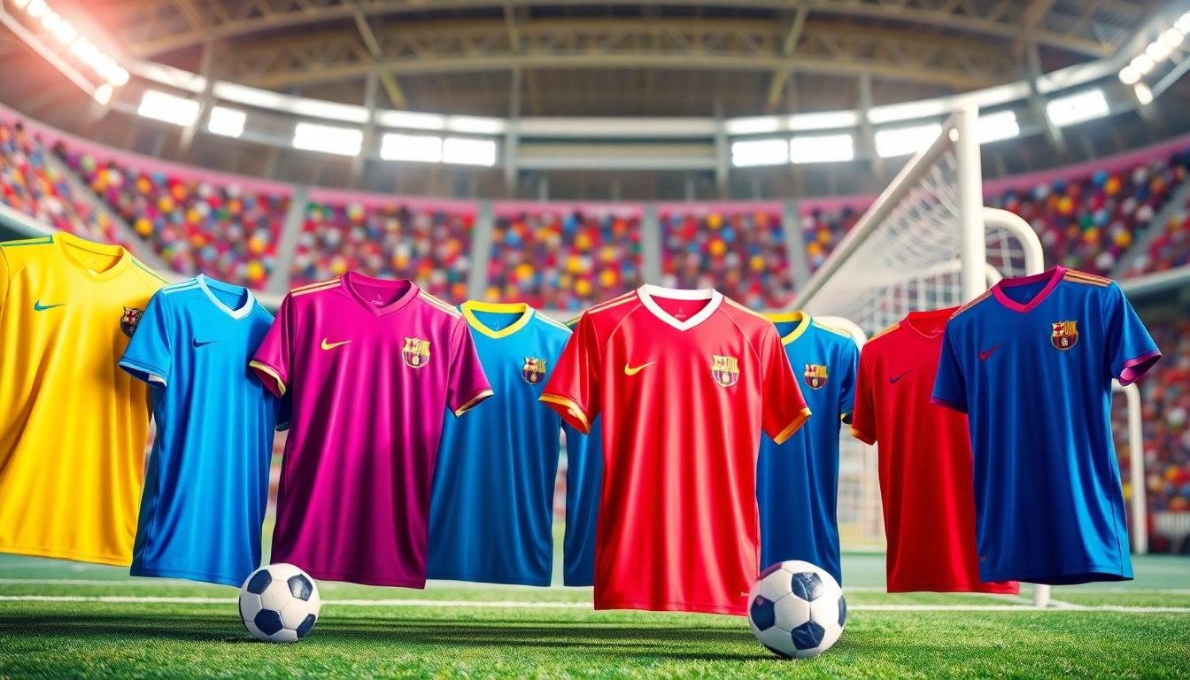 Shop vibrant discount football shirts on display in an exciting soccer atmosphere.