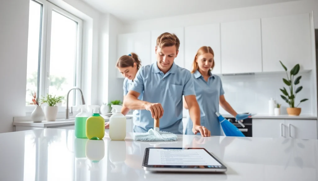 Cleaning service team thoroughly cleaning a modern kitchen, showcasing their expertise.