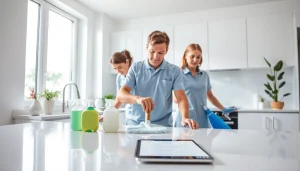 Cleaning service team thoroughly cleaning a modern kitchen, showcasing their expertise.
