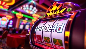 Menggambarkan pengalaman menang besar di pakde4d slot dengan mesin slot yang berputar penuh warna.