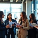 Networking professionals searching for Chicago jobs in a vibrant co-working space.