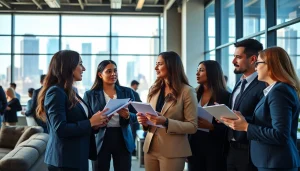 Networking professionals searching for Chicago jobs in a vibrant co-working space.