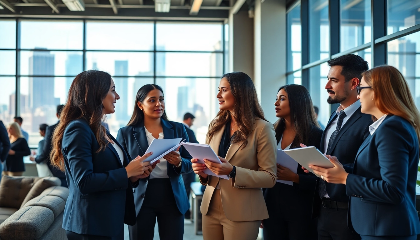 Networking professionals searching for Chicago jobs in a vibrant co-working space.