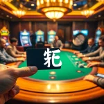A professional player using 상품권카드 for betting at an upscale casino poker table.