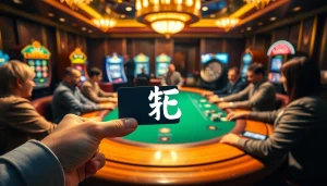 A professional player using 상품권카드 for betting at an upscale casino poker table.