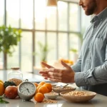 Nutritionist demonstrating intermittent fasting practices with fresh ingredients in a well-lit kitchen.