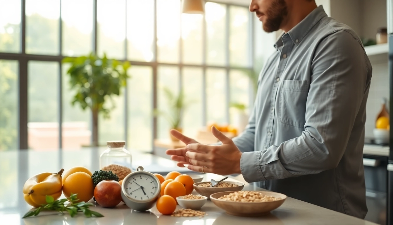 Nutritionist demonstrating intermittent fasting practices with fresh ingredients in a well-lit kitchen.
