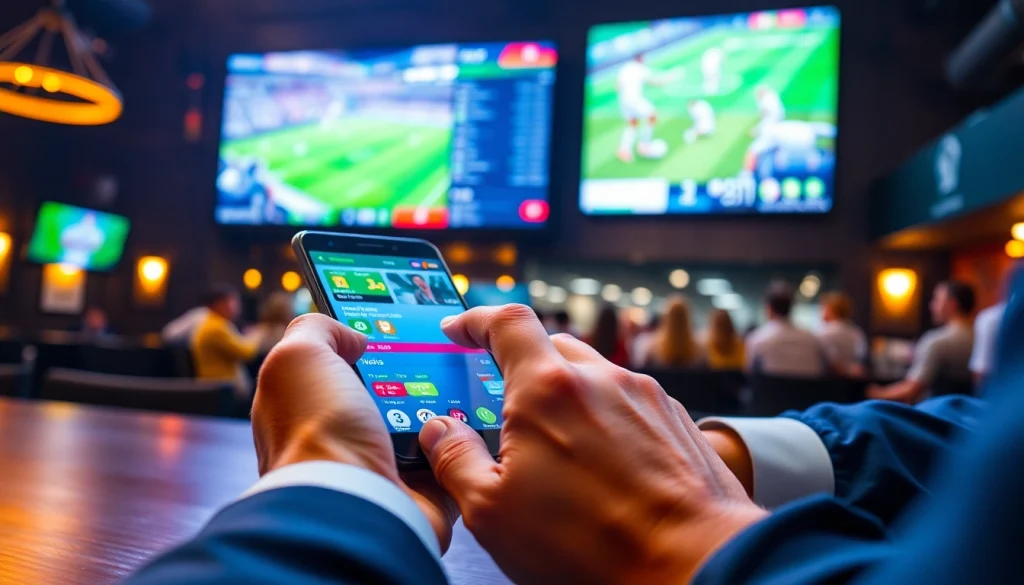 Engaging sports betting apps Canada displayed on mobile devices in a vibrant bar setting.