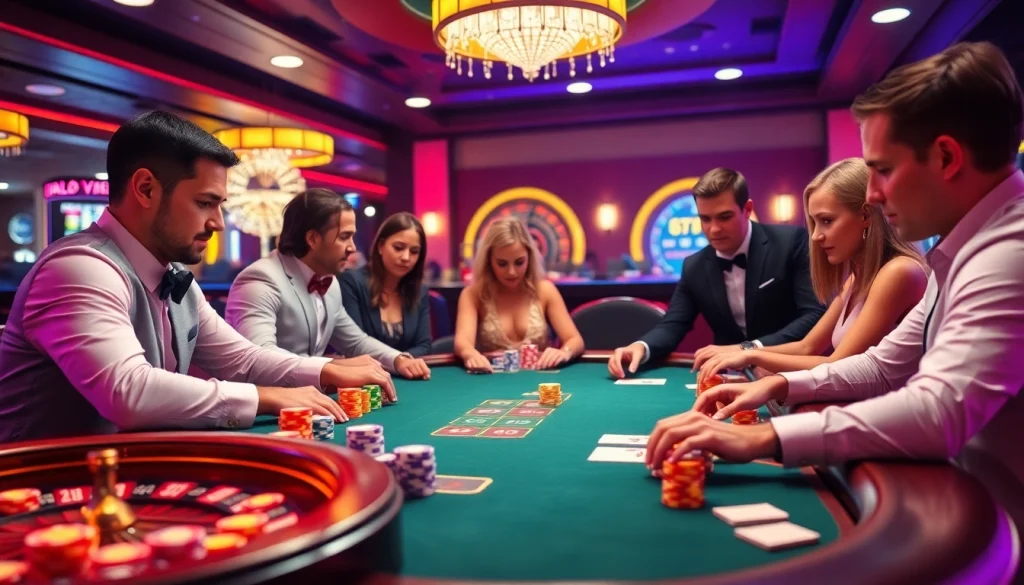 Engaging players at go8-themed poker table in an upscale casino atmosphere.