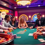 Engaging players at go8-themed poker table in an upscale casino atmosphere.