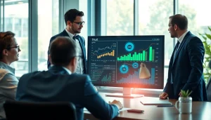 Analyze data for competitive intelligence in a modern office with a professional team.