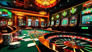 Experience the thrill of f168 with vibrant casino visuals showcasing gaming tables and slot machines.