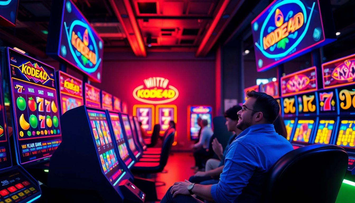 Kode4d slot games interface showcasing colorful reels and happy players in a vibrant online gaming environment.