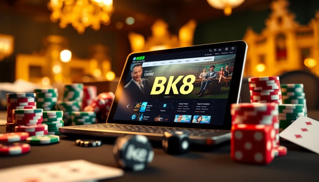 Experience BK8's dynamic online casino interface surrounded by luxurious poker chips and cards.
