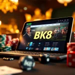 Experience BK8's dynamic online casino interface surrounded by luxurious poker chips and cards.