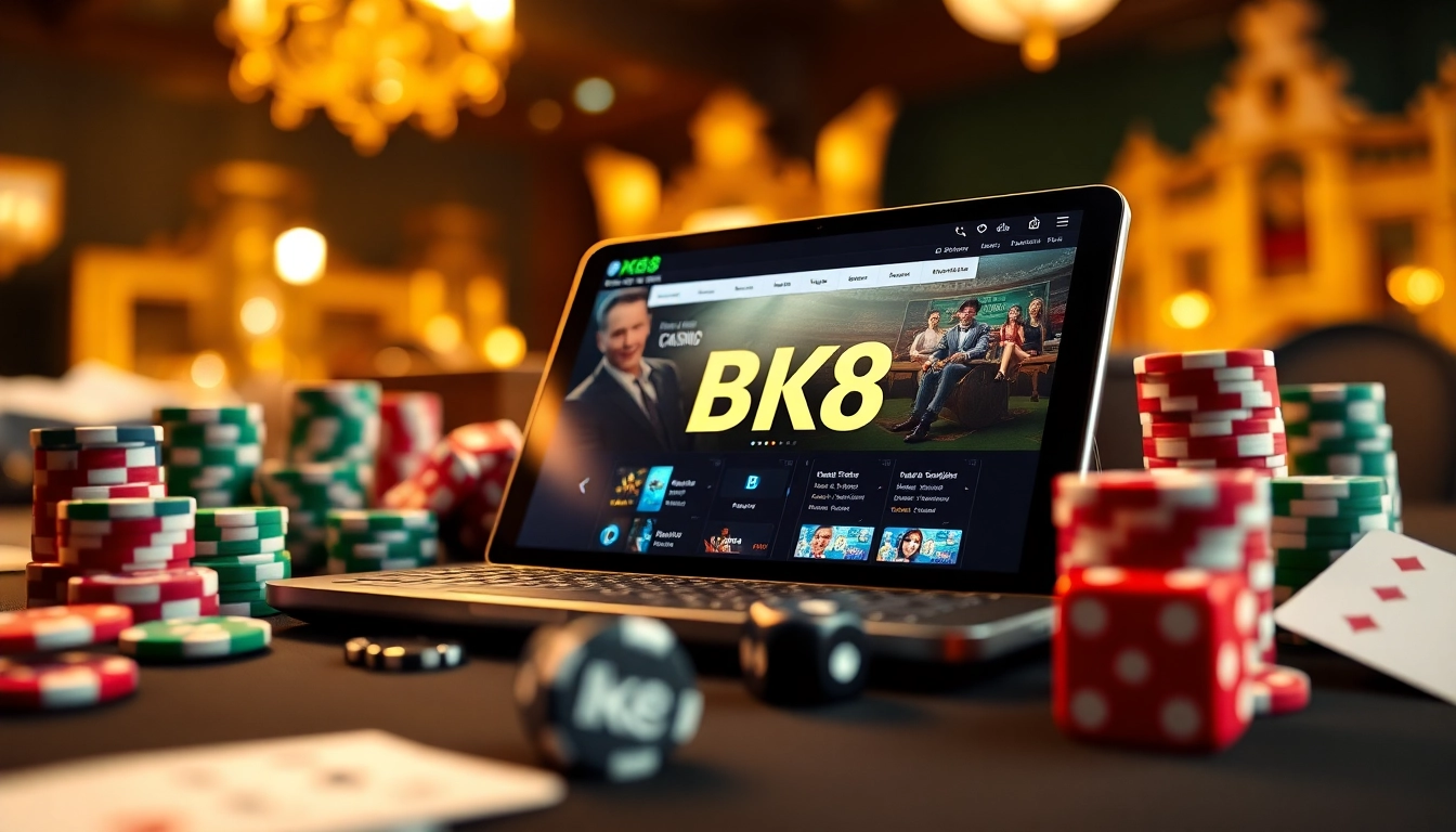 Experience BK8's dynamic online casino interface surrounded by luxurious poker chips and cards.