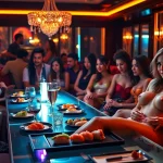 Body sushi experience in a luxurious strip club setting with vibrant sushi and elegant ambiance.