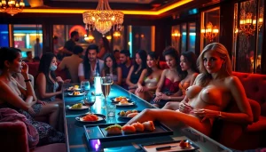 Body sushi experience in a luxurious strip club setting with vibrant sushi and elegant ambiance.