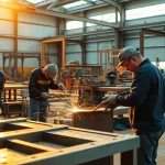 Visualize custom steel fabrication showcasing skilled artisans at work with steel materials.