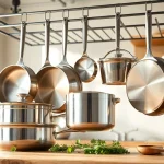 Cookware displayed in a modern kitchen, showcasing elegant stainless steel pots and pans.