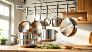 Cookware displayed in a modern kitchen, showcasing elegant stainless steel pots and pans.