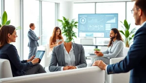 Online phone number verification in a modern office environment with diverse professionals collaborating.