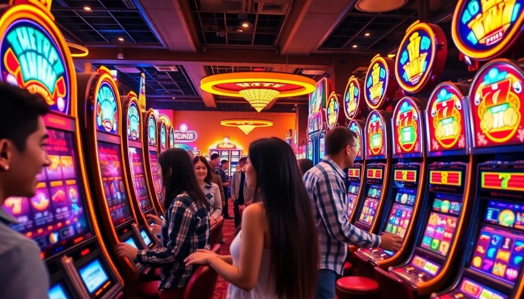 Engaging casino scene with players experiencing the excitement of slot hoki machines, vibrant colors, and lively atmosphere.