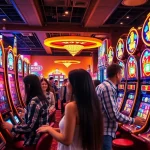 Engaging casino scene with players experiencing the excitement of slot hoki machines, vibrant colors, and lively atmosphere.