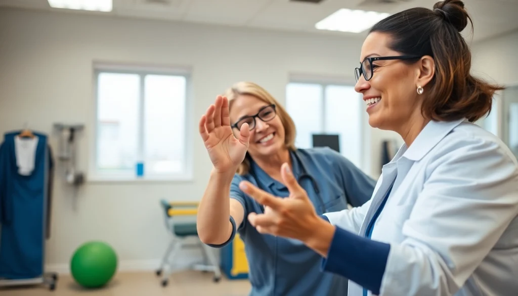 Engaging Physical Therapy Marketing scene with a therapist and patient demonstrating rehabilitation.