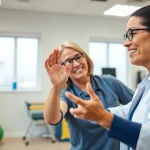 Engaging Physical Therapy Marketing scene with a therapist and patient demonstrating rehabilitation.