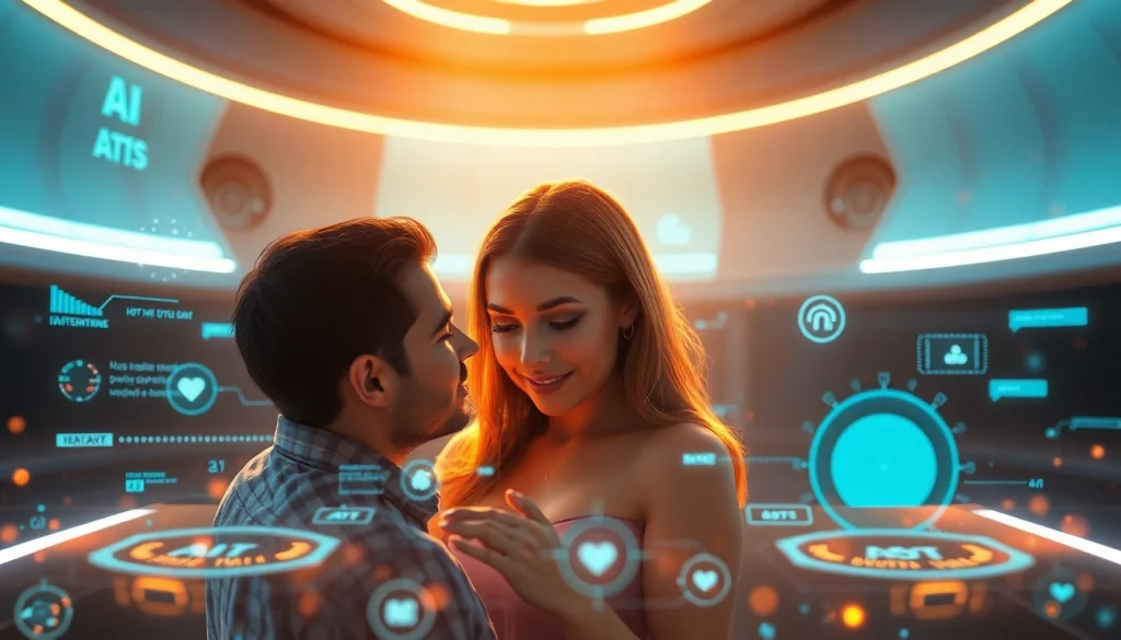 Couple engaging with AI technology for intimacy, showcasing the concept of ai sex in a futuristic setting.