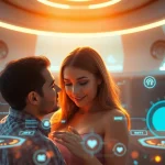Couple engaging with AI technology for intimacy, showcasing the concept of ai sex in a futuristic setting.