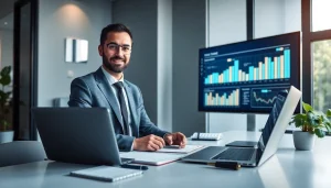 Ambiente d'ufficio professionale di Clinica del Debito con documenti finanziari e un consulente.