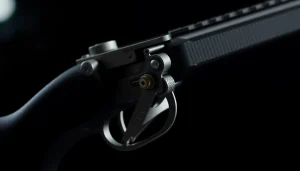 Detail view of forced reset trigger showcasing its mechanics and engineering features.