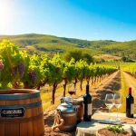 Enjoy wineries in Clarksburg with a picturesque vineyard scene featuring lush grapes and a picnic setup.