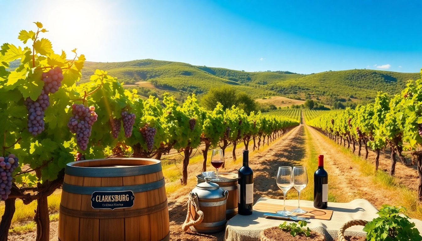 Enjoy wineries in Clarksburg with a picturesque vineyard scene featuring lush grapes and a picnic setup.