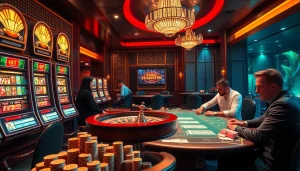 Players engaging in thrilling games at nhà cái rr88, showcasing luxurious casino elements.