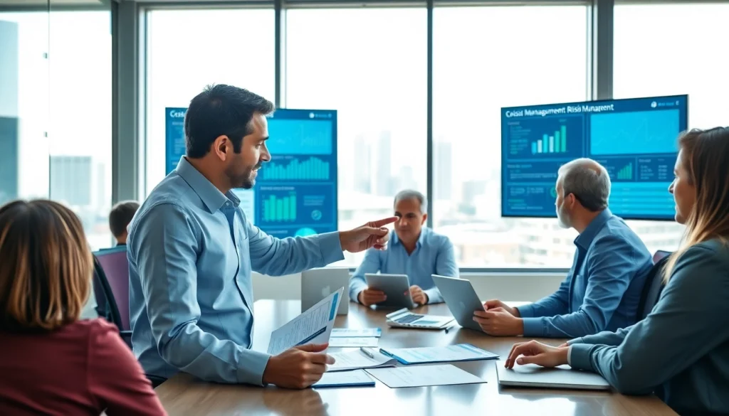 Engaged crisis management consultant collaborating with a team in an office environment.