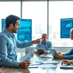 Engaged crisis management consultant collaborating with a team in an office environment.