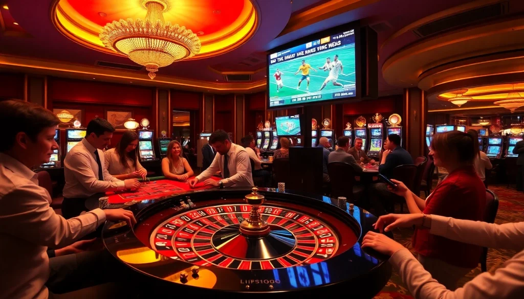 Experience trực tiếp bóng đá excitement while enjoying high-stakes casino games with vibrant roulette and slot machines.